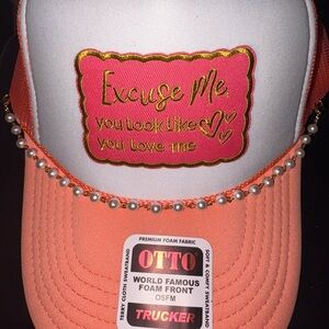OTTO Coral and White Trucker Hat with Excuse Me You Look Like You Love Me Patch